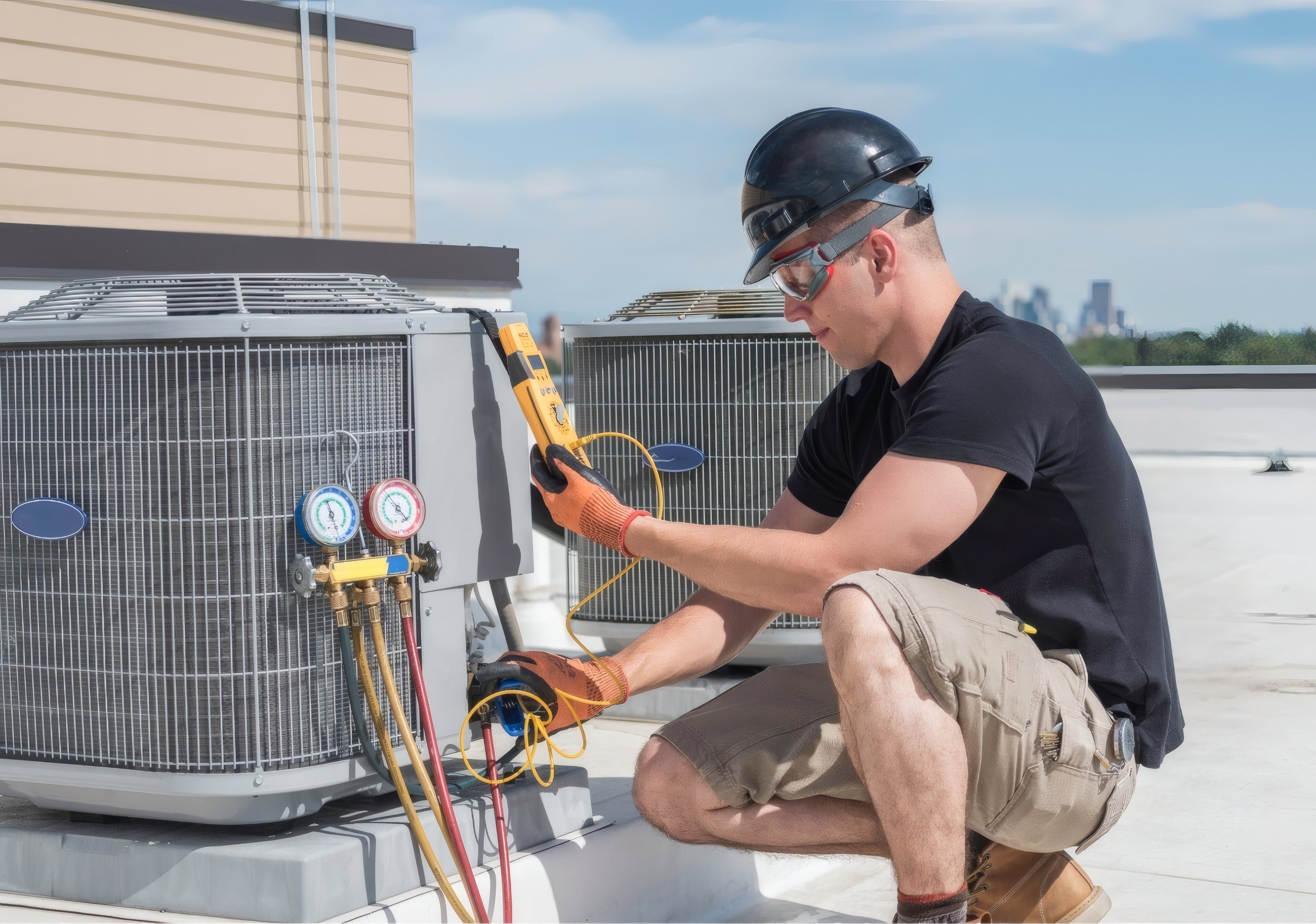 An engineer checking the gauges on a rooftop condenser