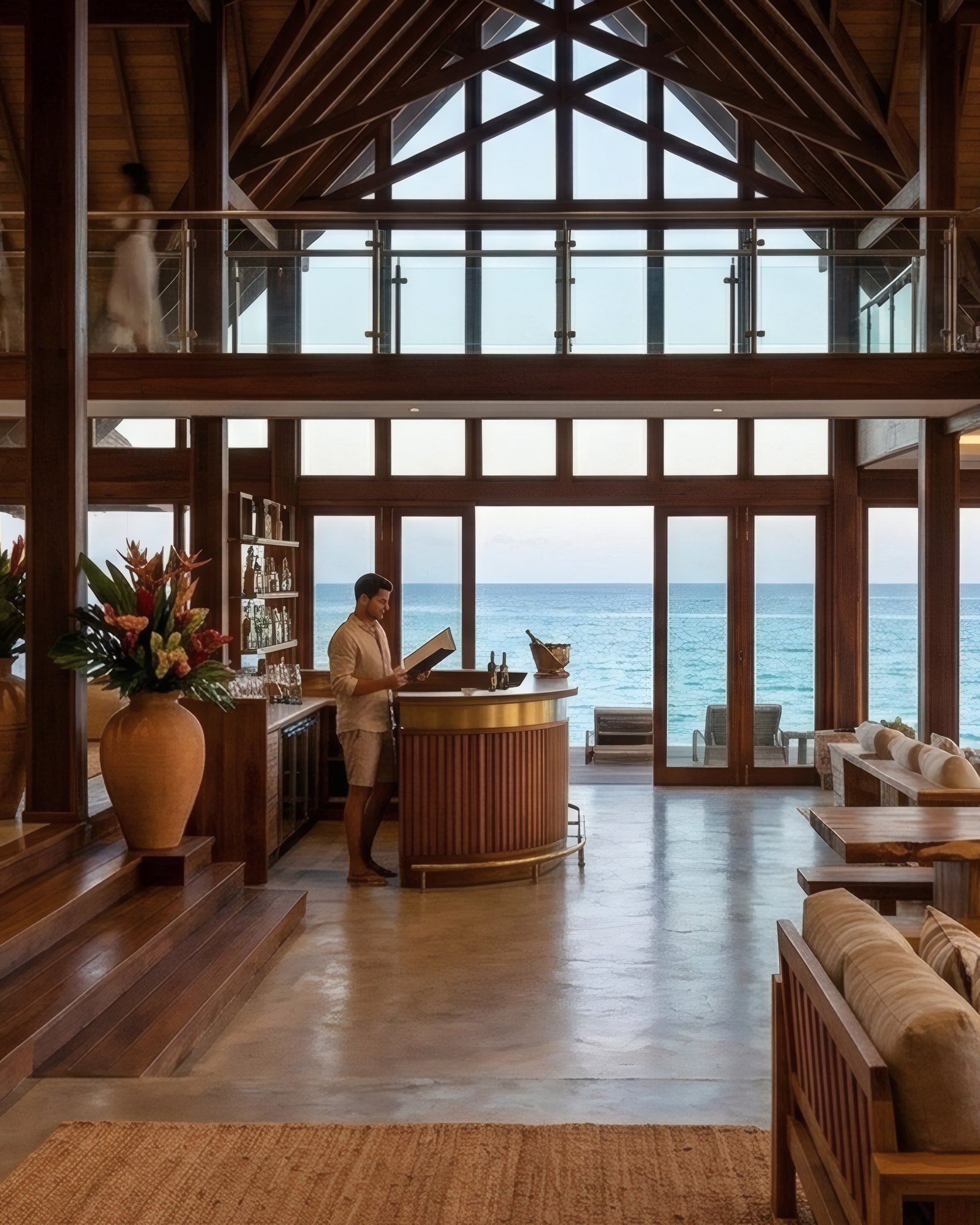 Shaded breakfast terrace overlooking the bay