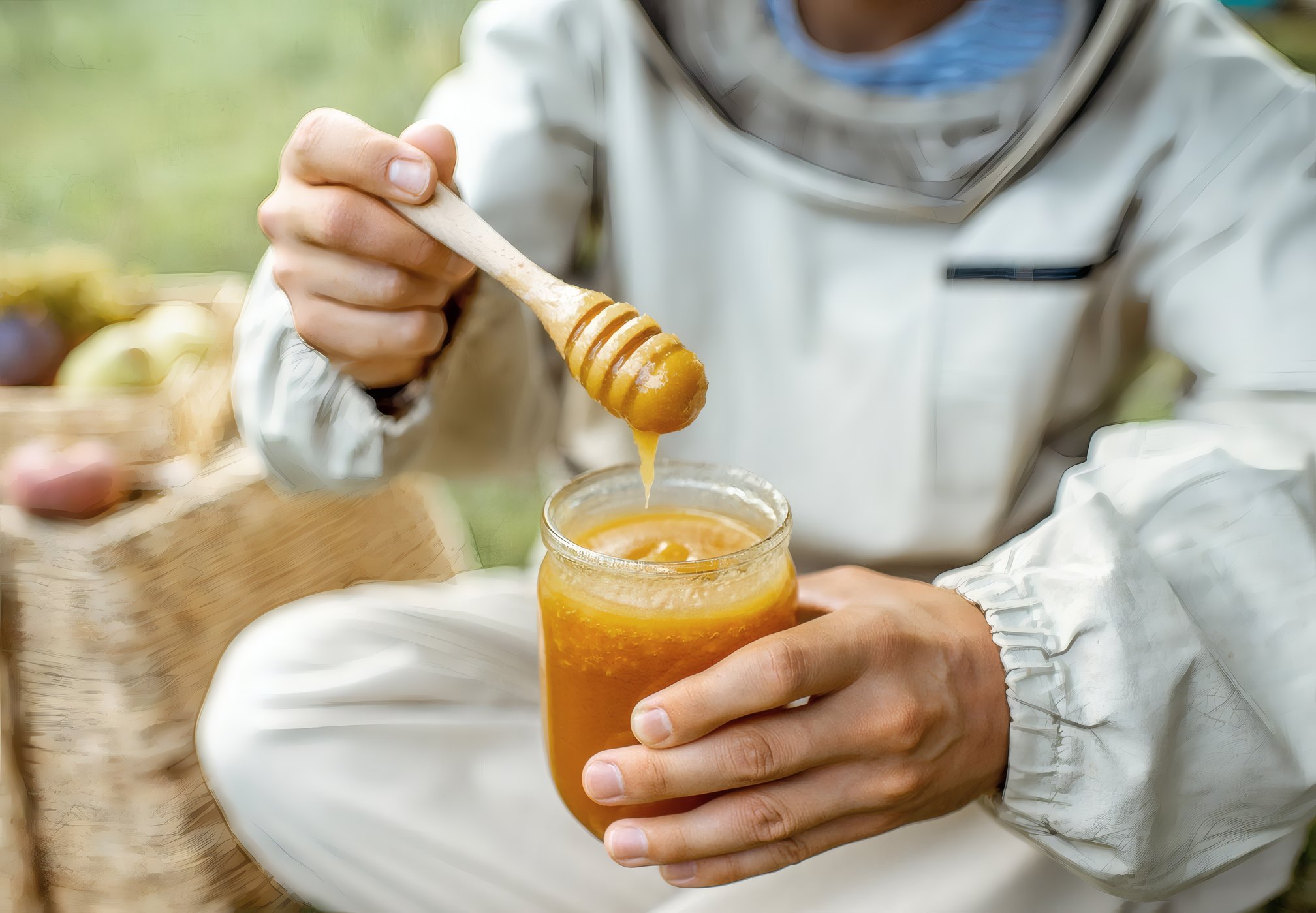 A jar of honey and a dipper in a gloved hand