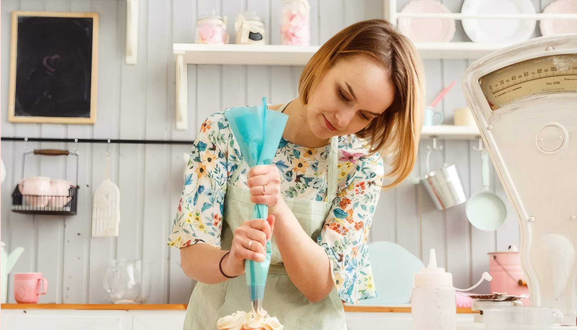 A baker piping buttercream in the Confetto kitchen