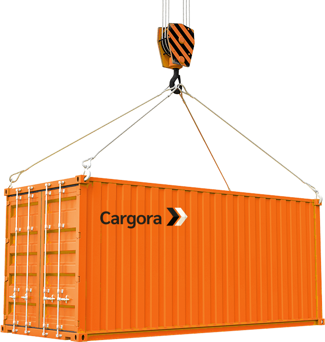 A Contenza container lifted on a crane hook