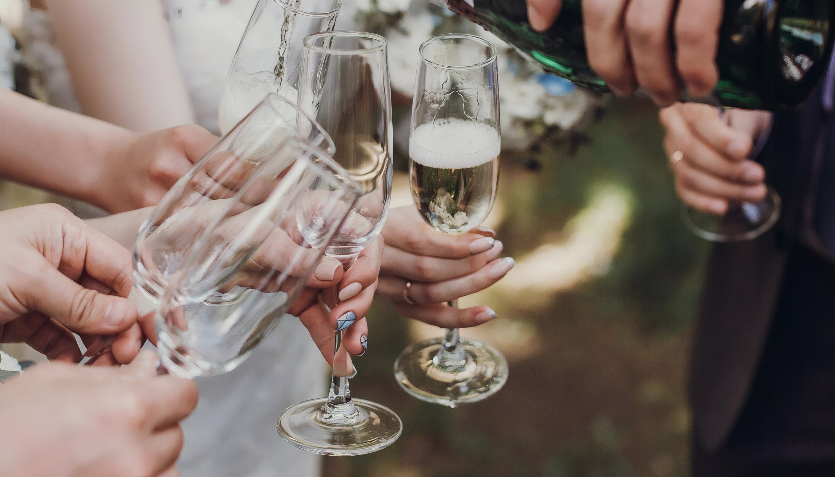 Guests raising champagne glasses in a garden