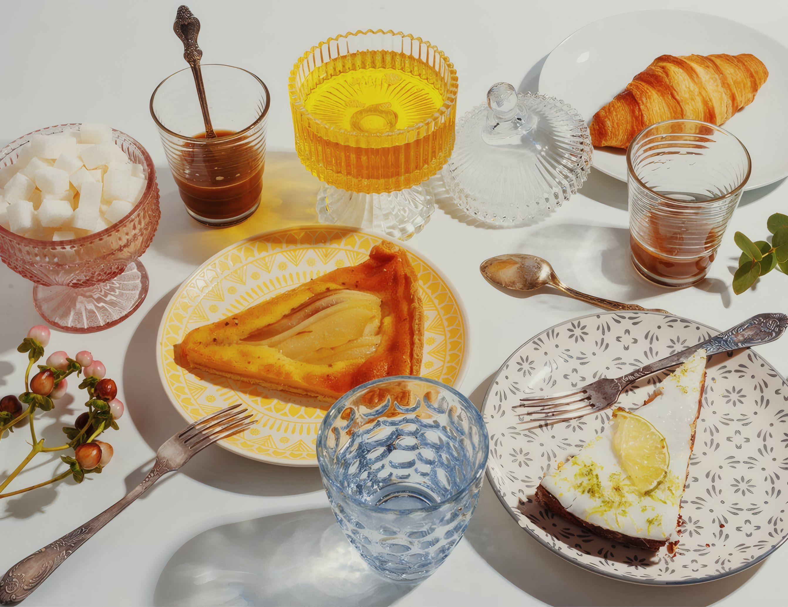A breakfast table with pastries and fruit