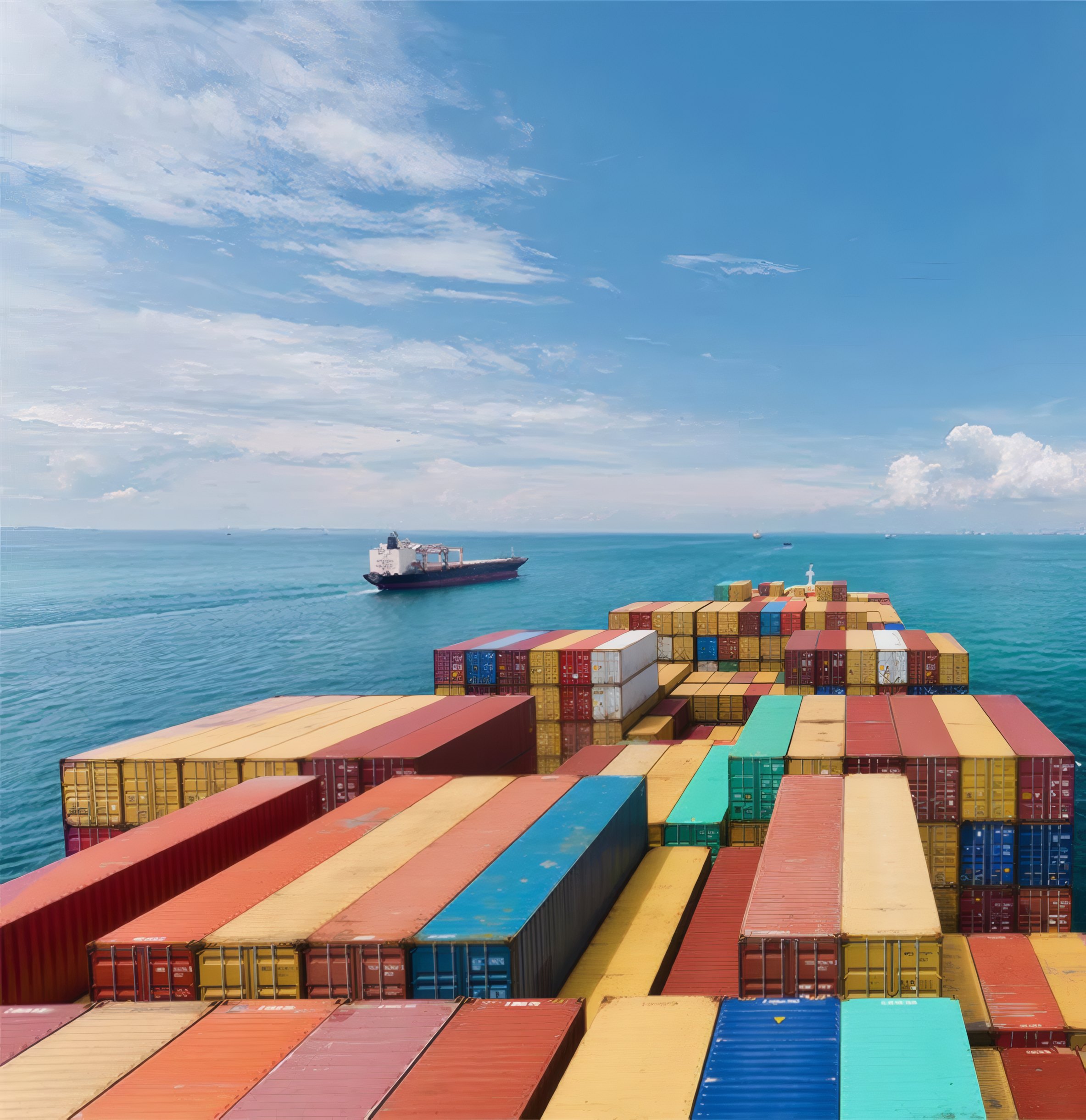 A container ship's deck stacked with containers