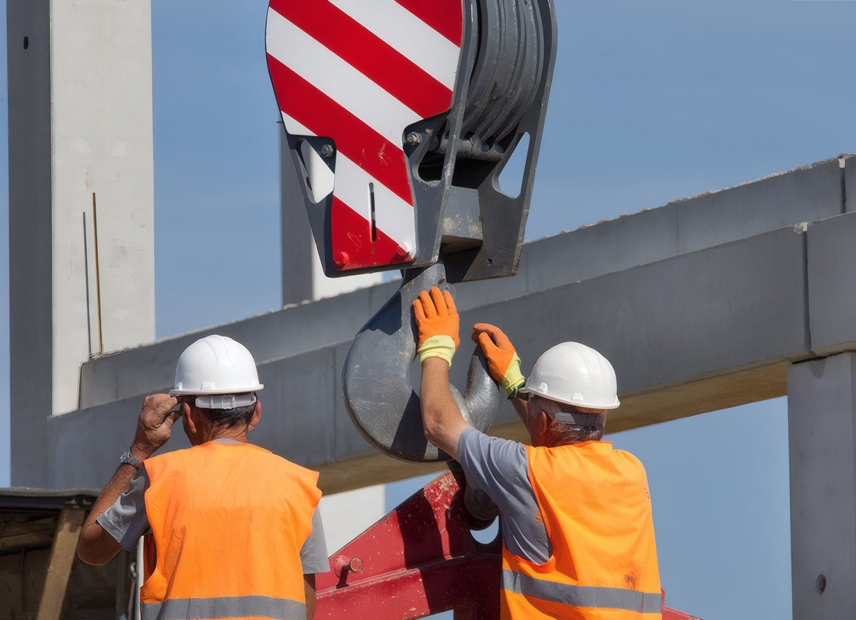 Two riggers guiding a beam on the crane hook