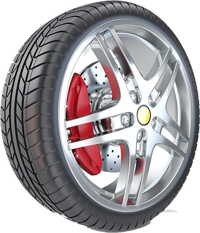A wheel with its tyre and brake caliper
