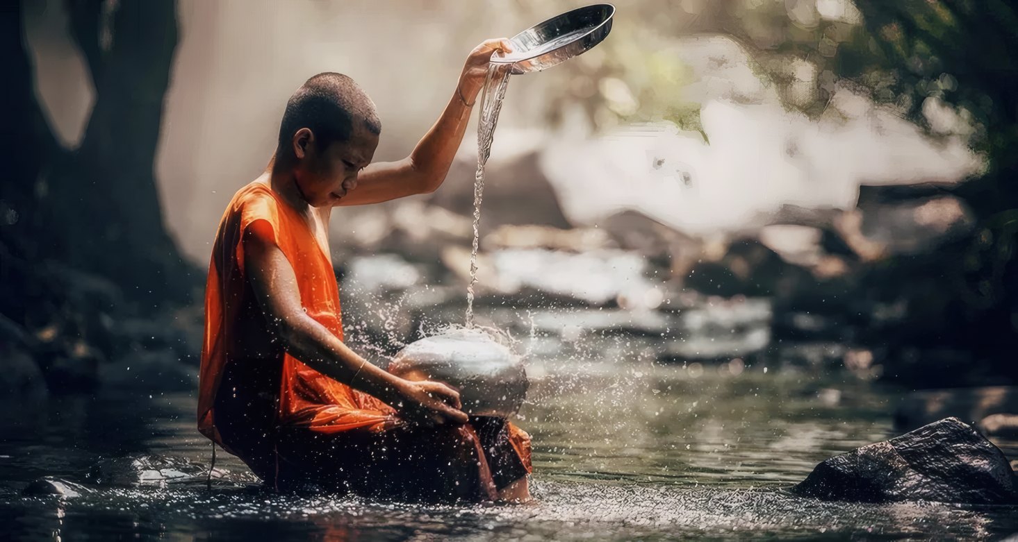 A novice pouring water by a forest stream