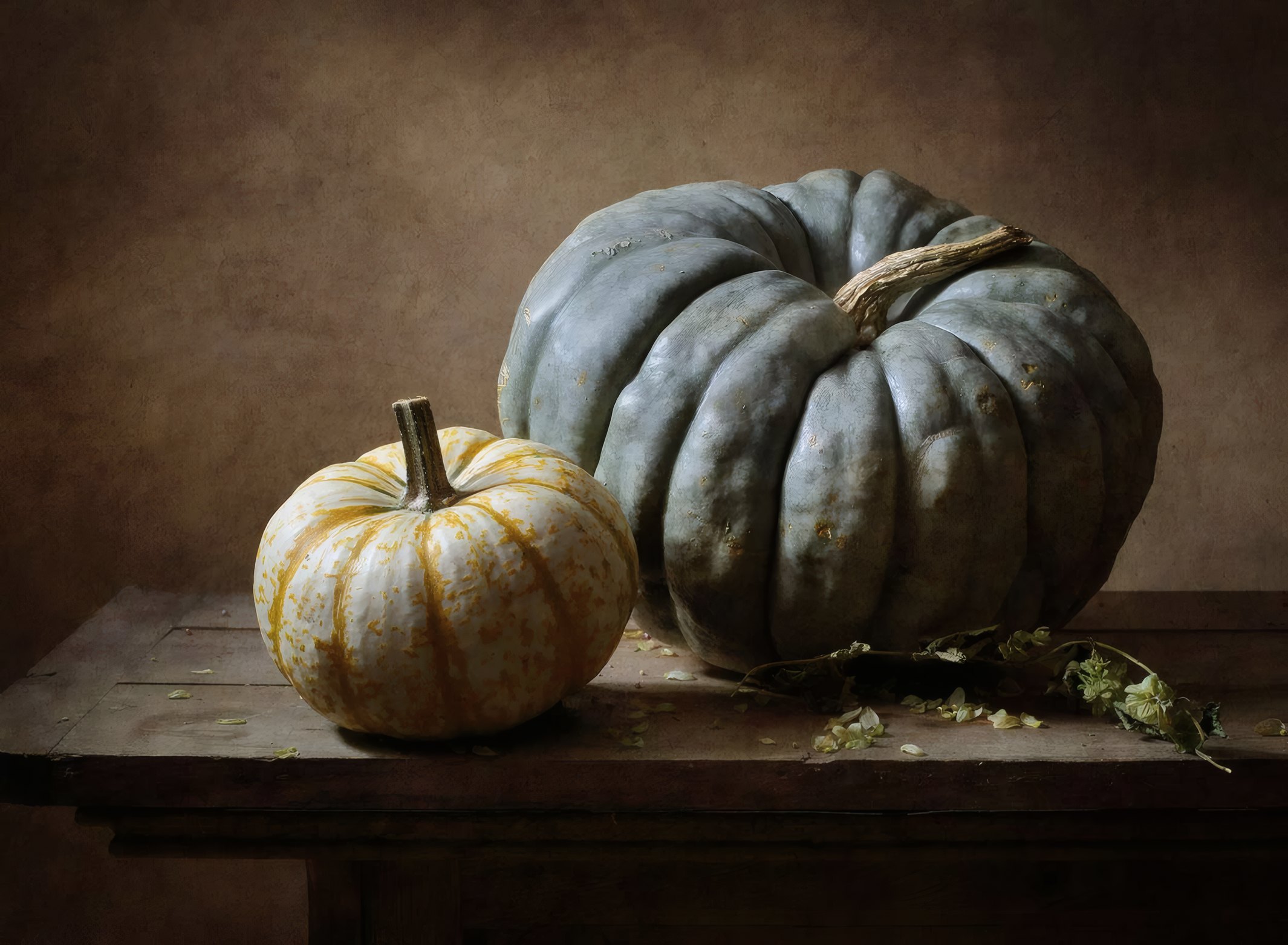 A grey-green pumpkin and a small striped one on a walnut table