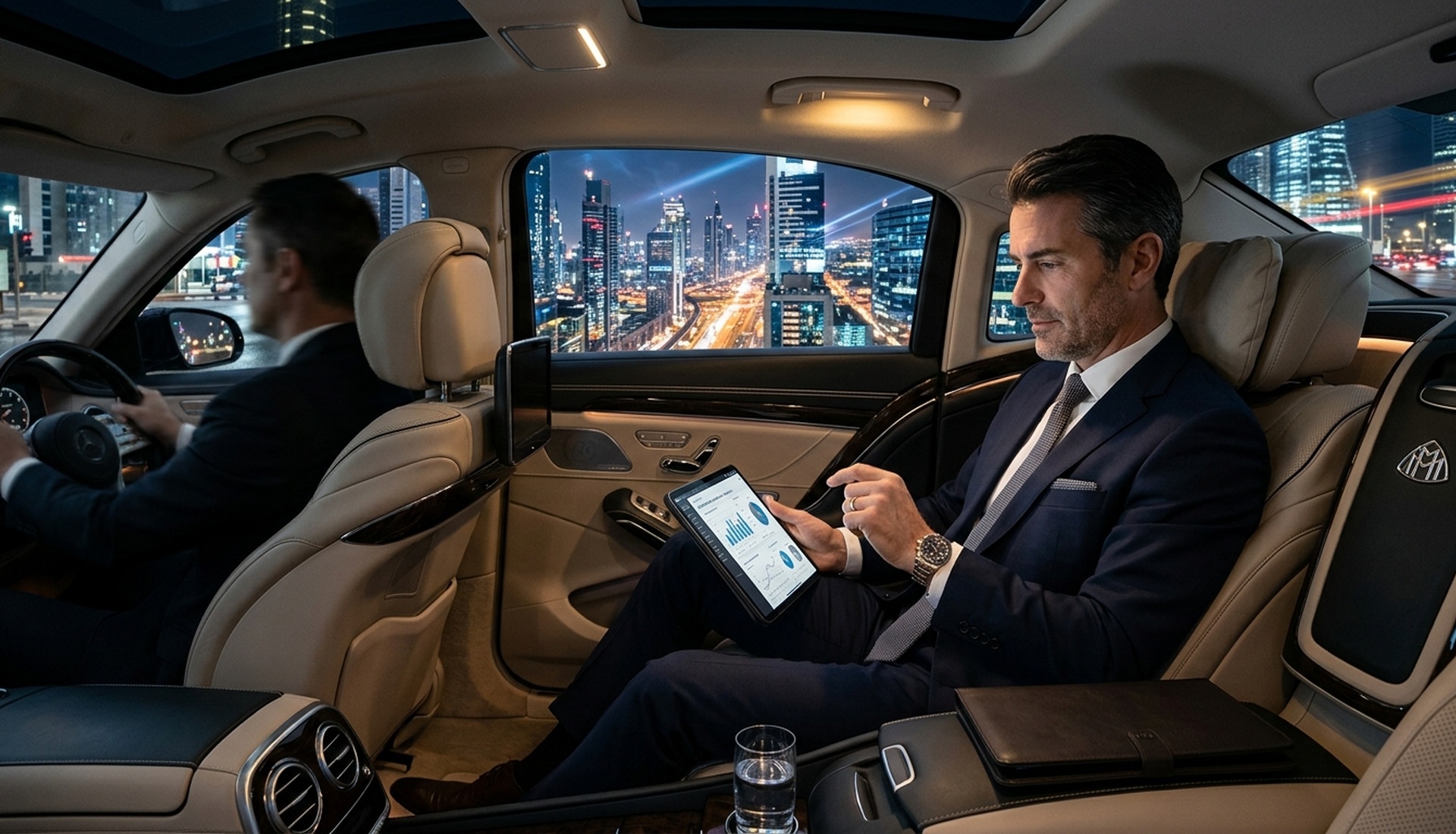 An executive working in the back of a chauffeured sedan at night