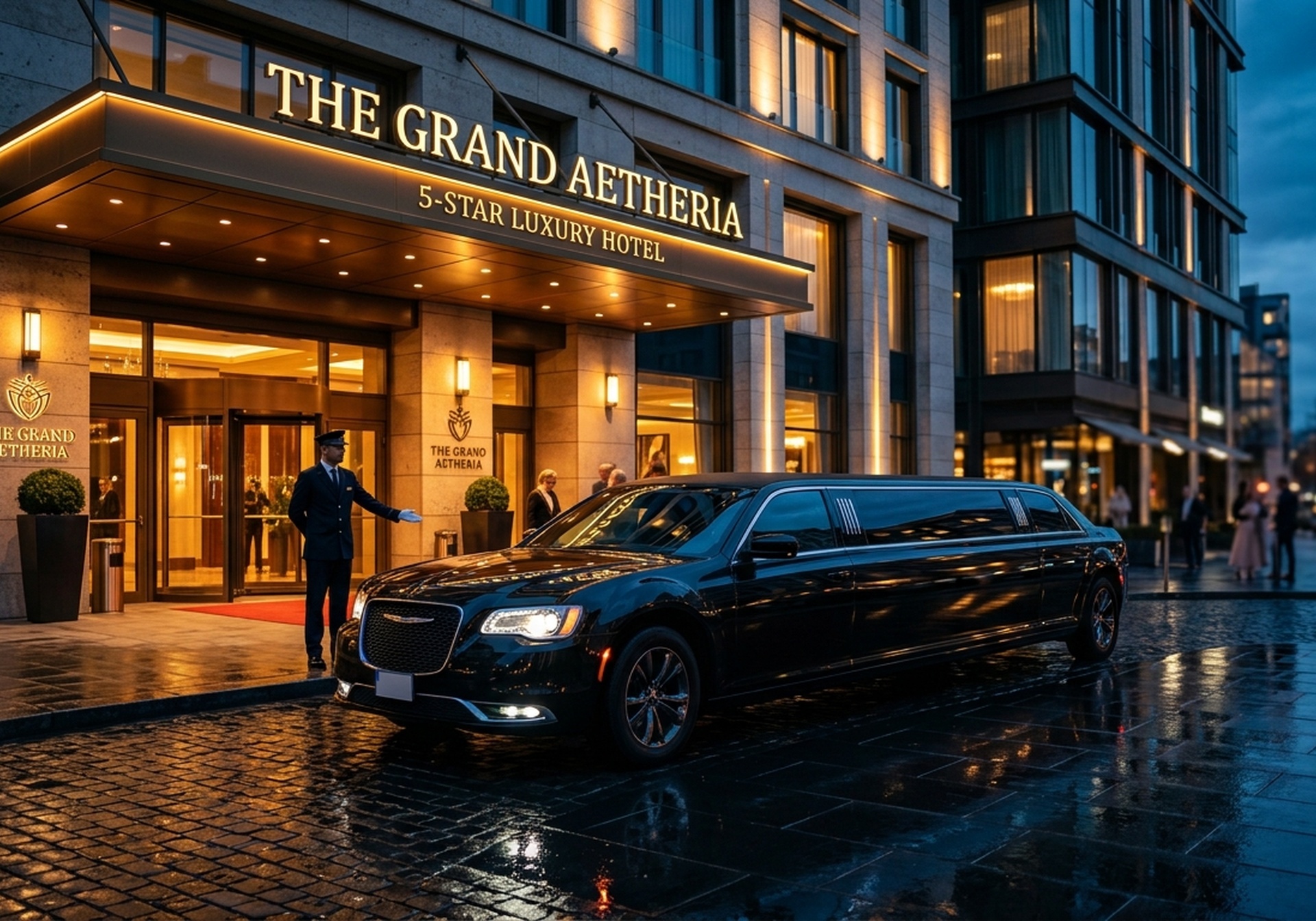 A limousine waiting at a hotel entrance in the rain