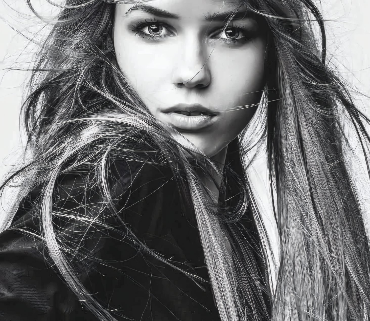 A black and white portrait, hair blown across the face