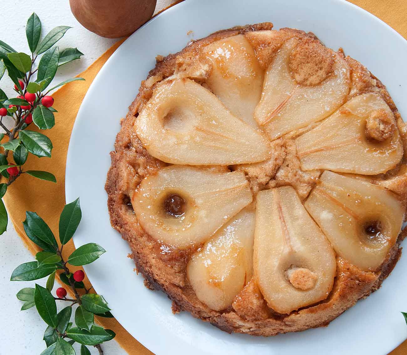 A pear tart with almond cream seen from above