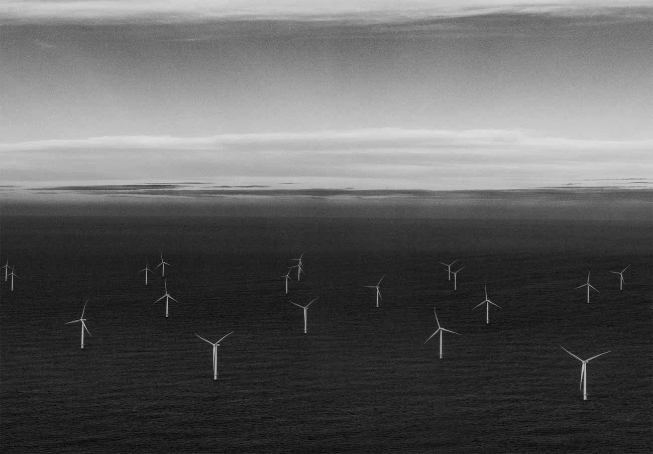 An offshore wind field in black and white