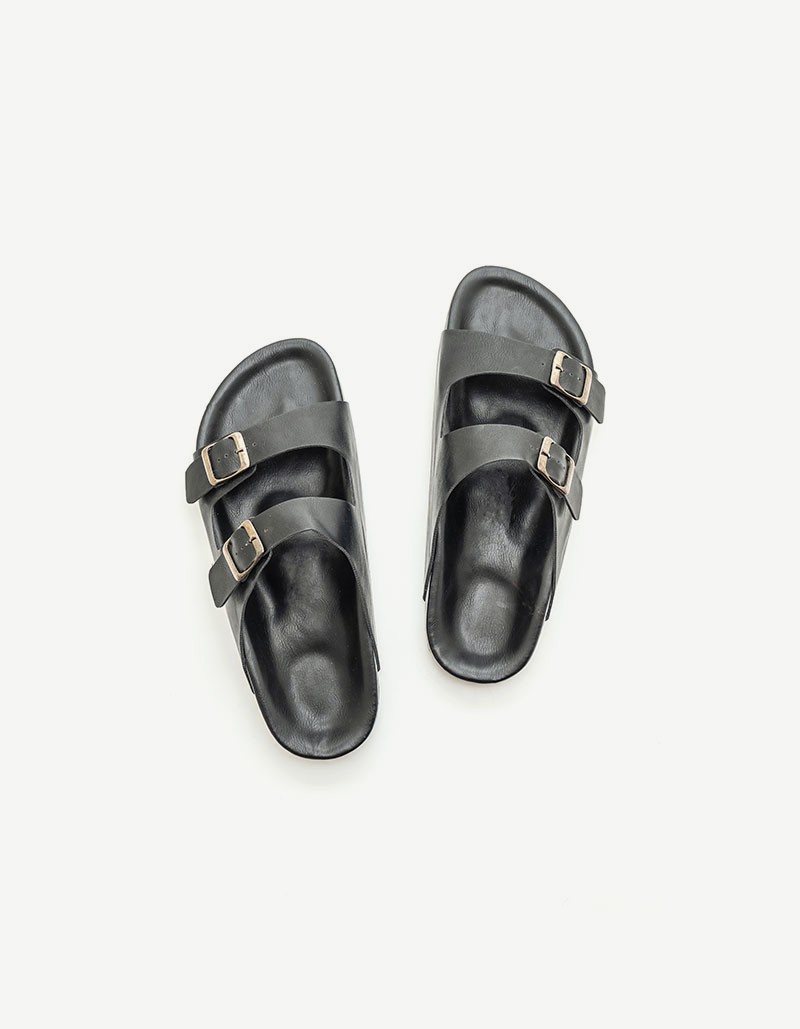 Leather Slide Sandals, Black