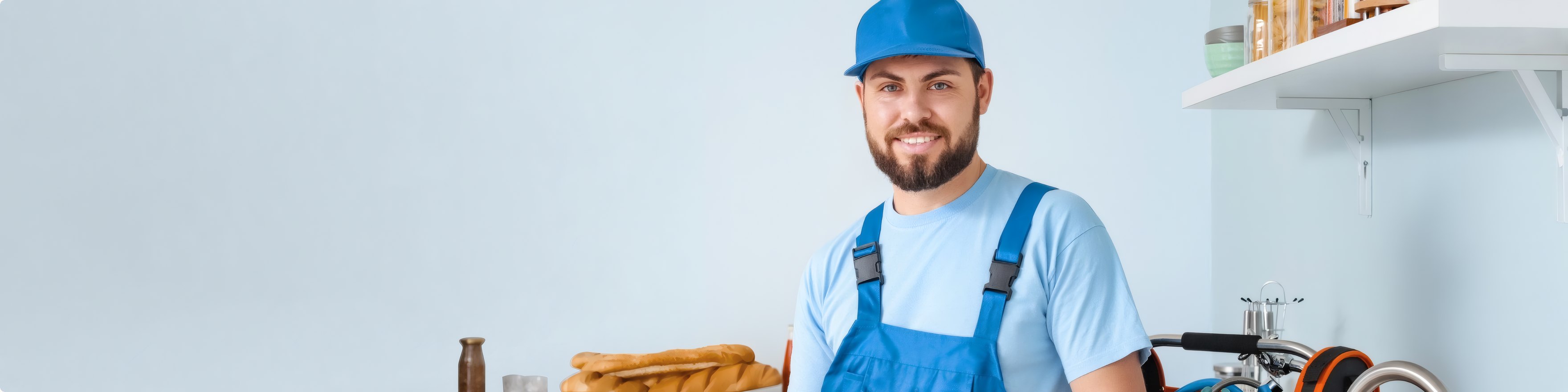 A smiling plumber in blue overalls by a kitchen sink