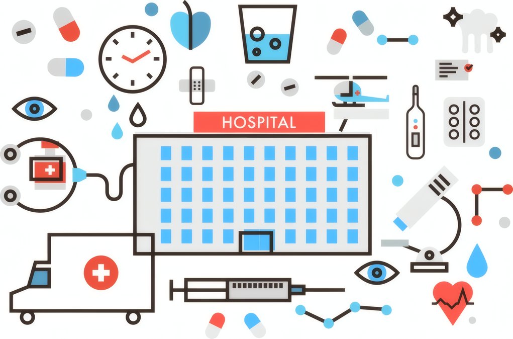A line drawing of a hospital with medical icons around it