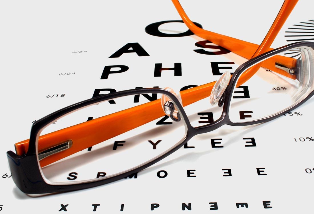 Glasses resting on an eye chart