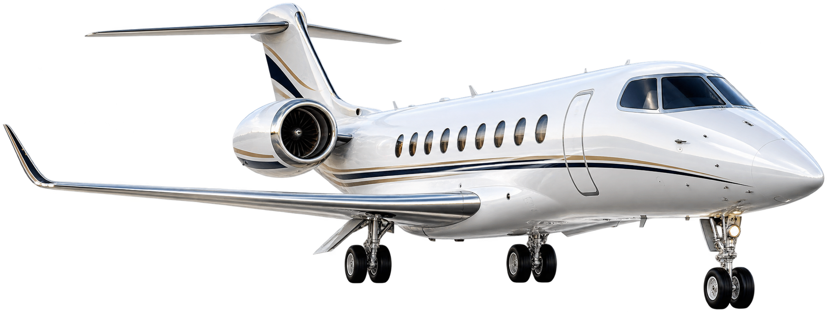 A white private jet on the apron, gear down, ready to board
