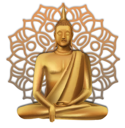 A golden Buddha before a carved mandala