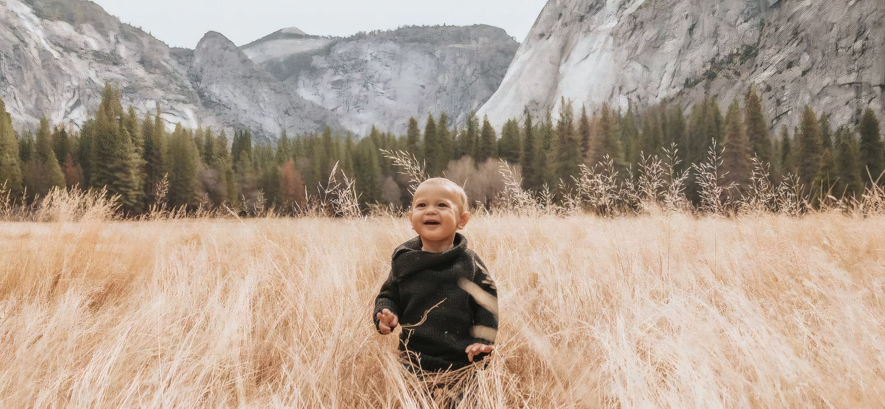 A toddler in a knitted jumper standing in a field of tall grass below the mountains