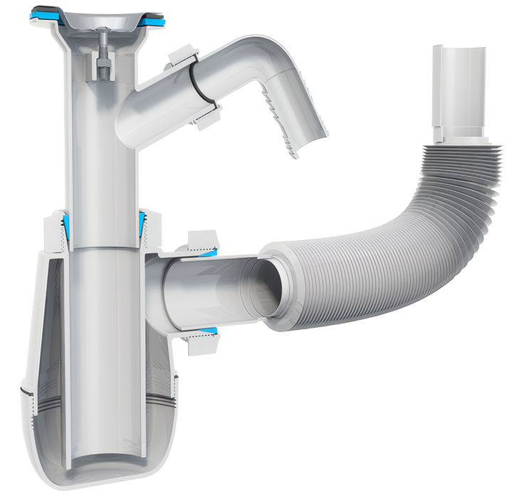 A cut-away basin trap showing its seals