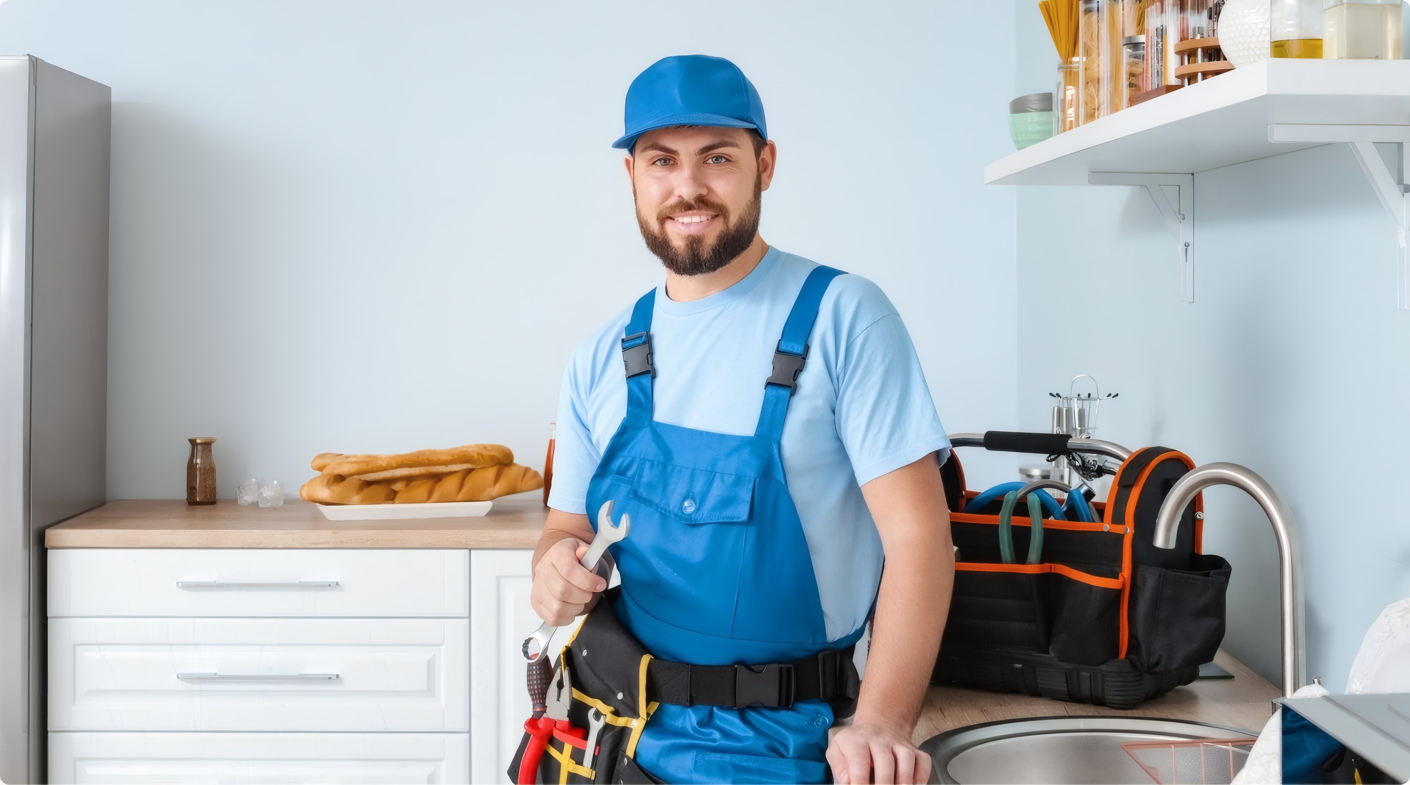 A plumber with his tool belt leaning on a kitchen worktop