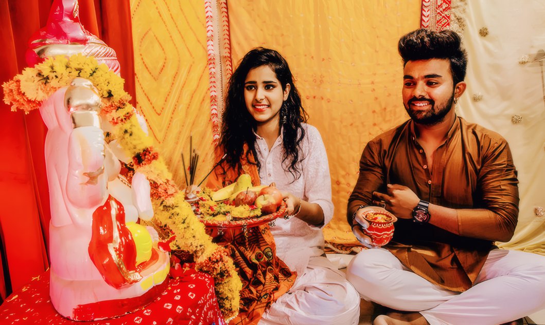 A family celebrating at the temple
