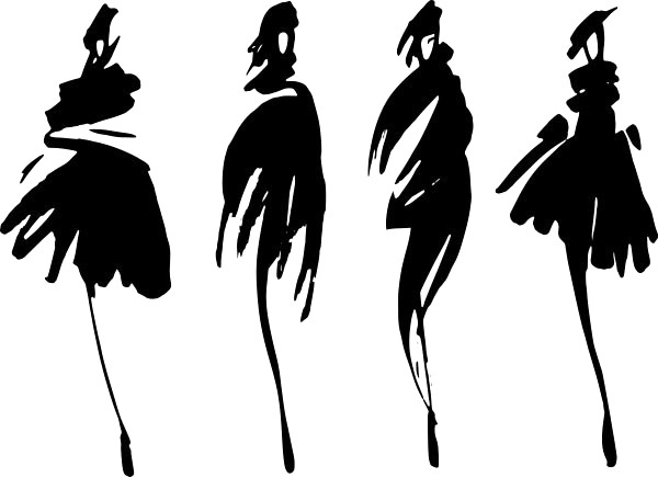 Four fashion sketches in black ink