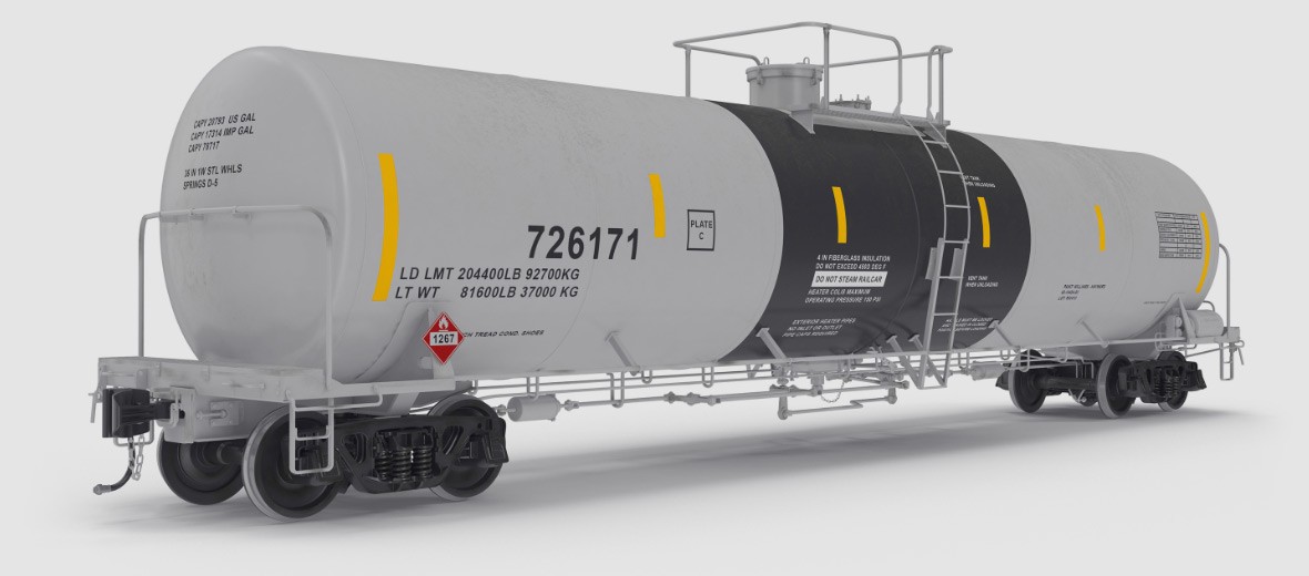 A grey and black rail tank wagon