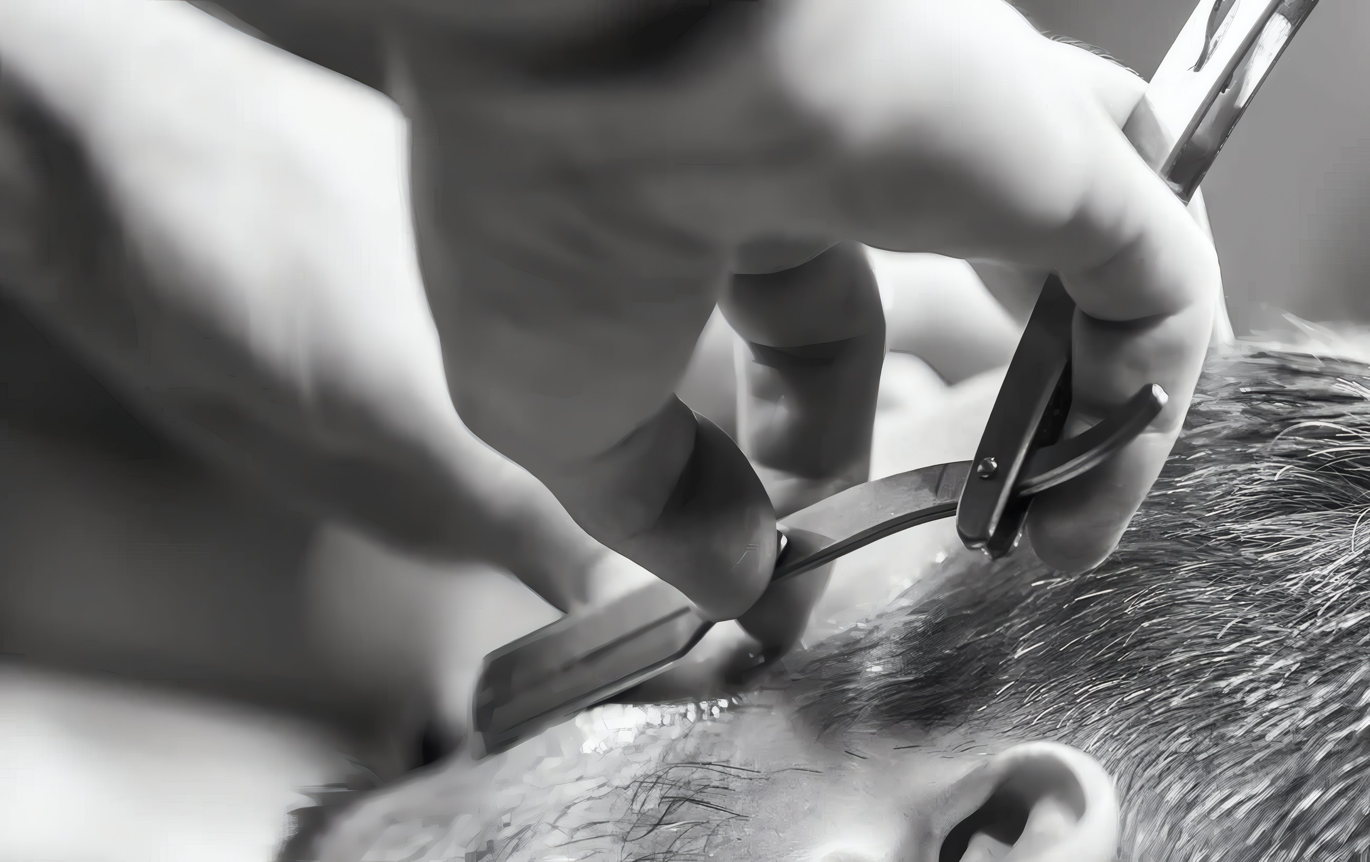 A barber shaving a client with a straight razor