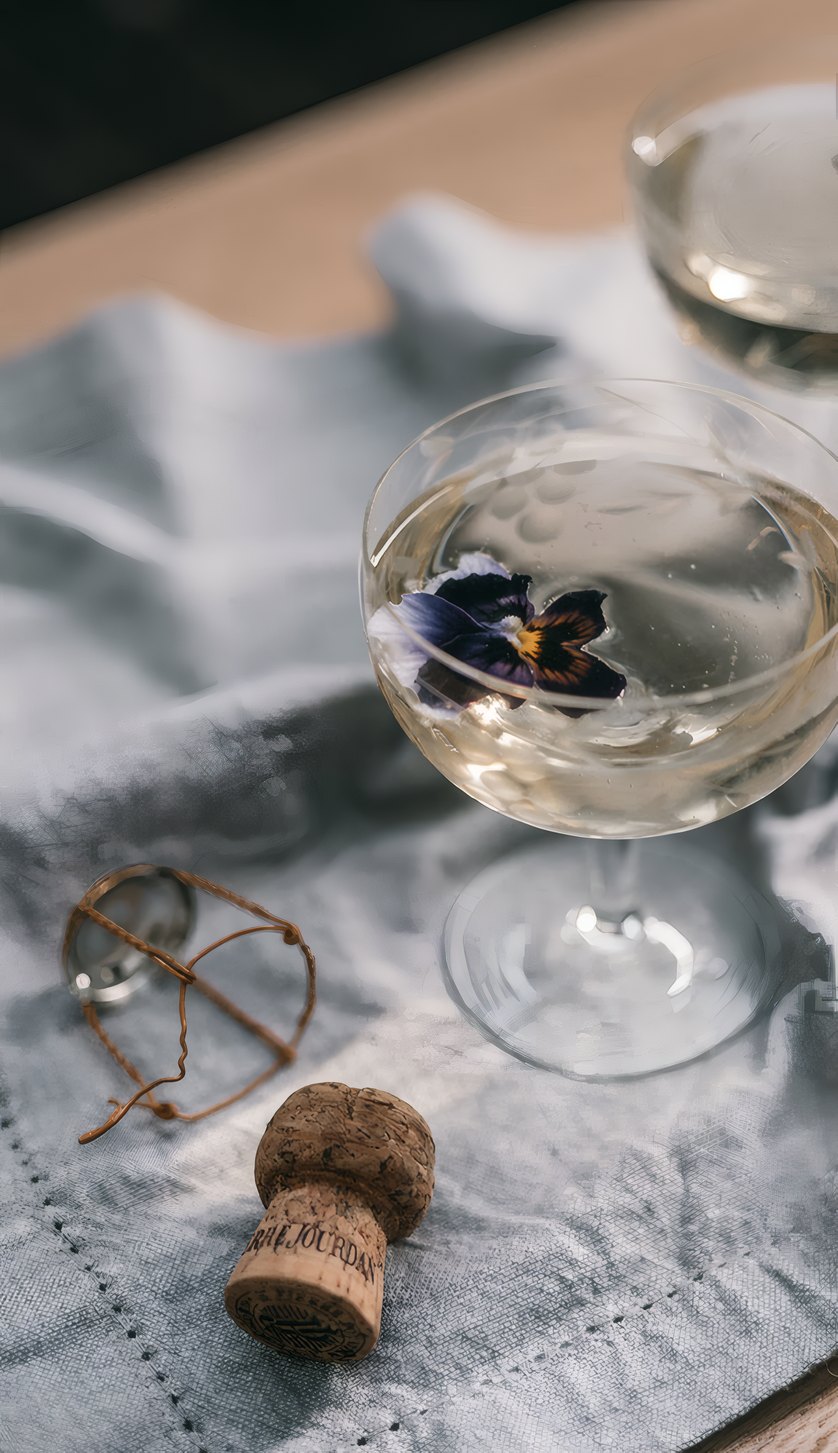 A coupe of white wine with a flower on a linen cloth