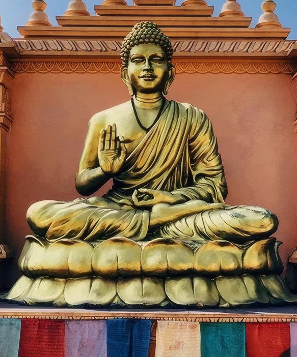 A golden Buddha before prayer flags