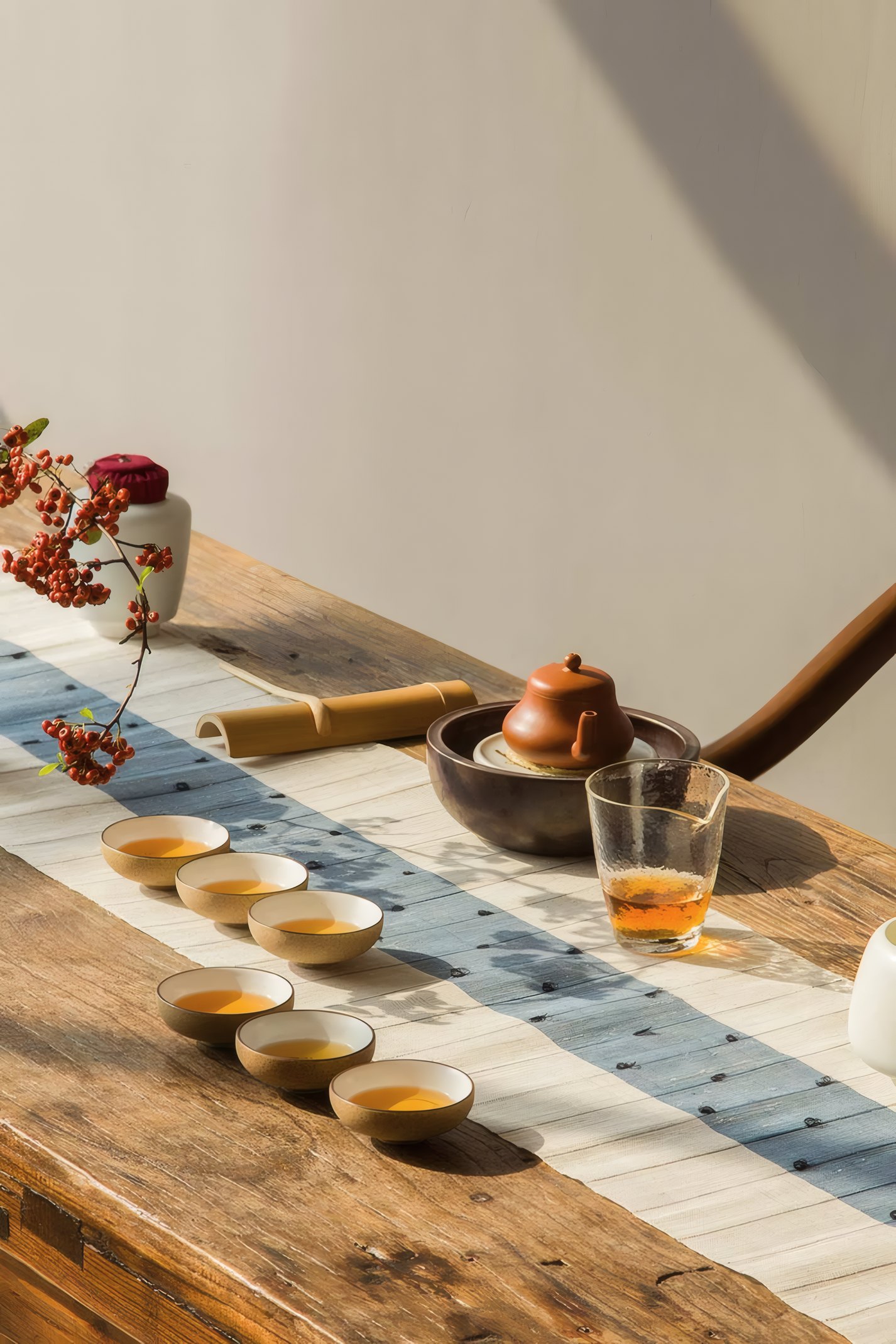 A long tea table set with cups and a clay pot