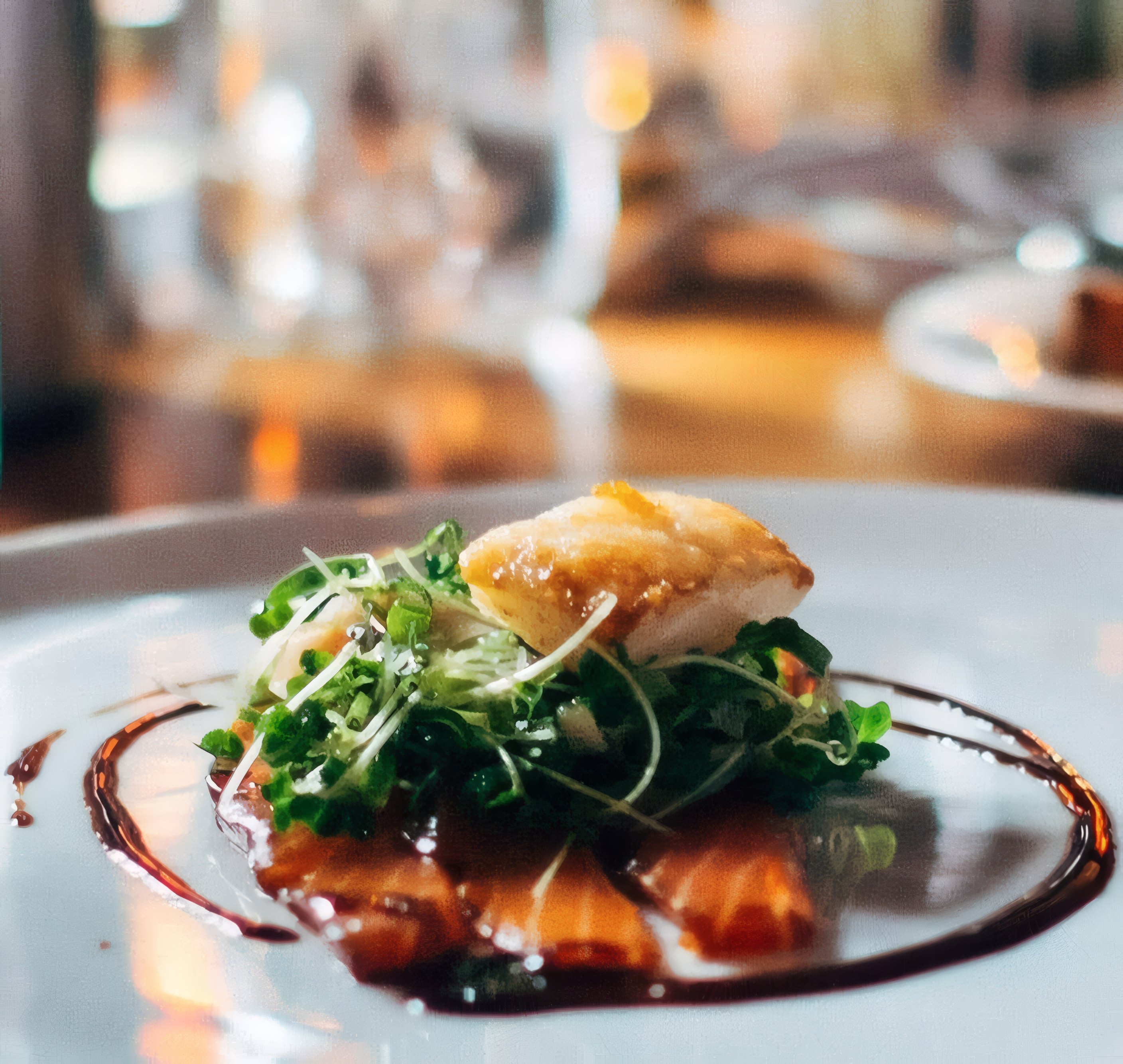 A plated fish dish under the lights