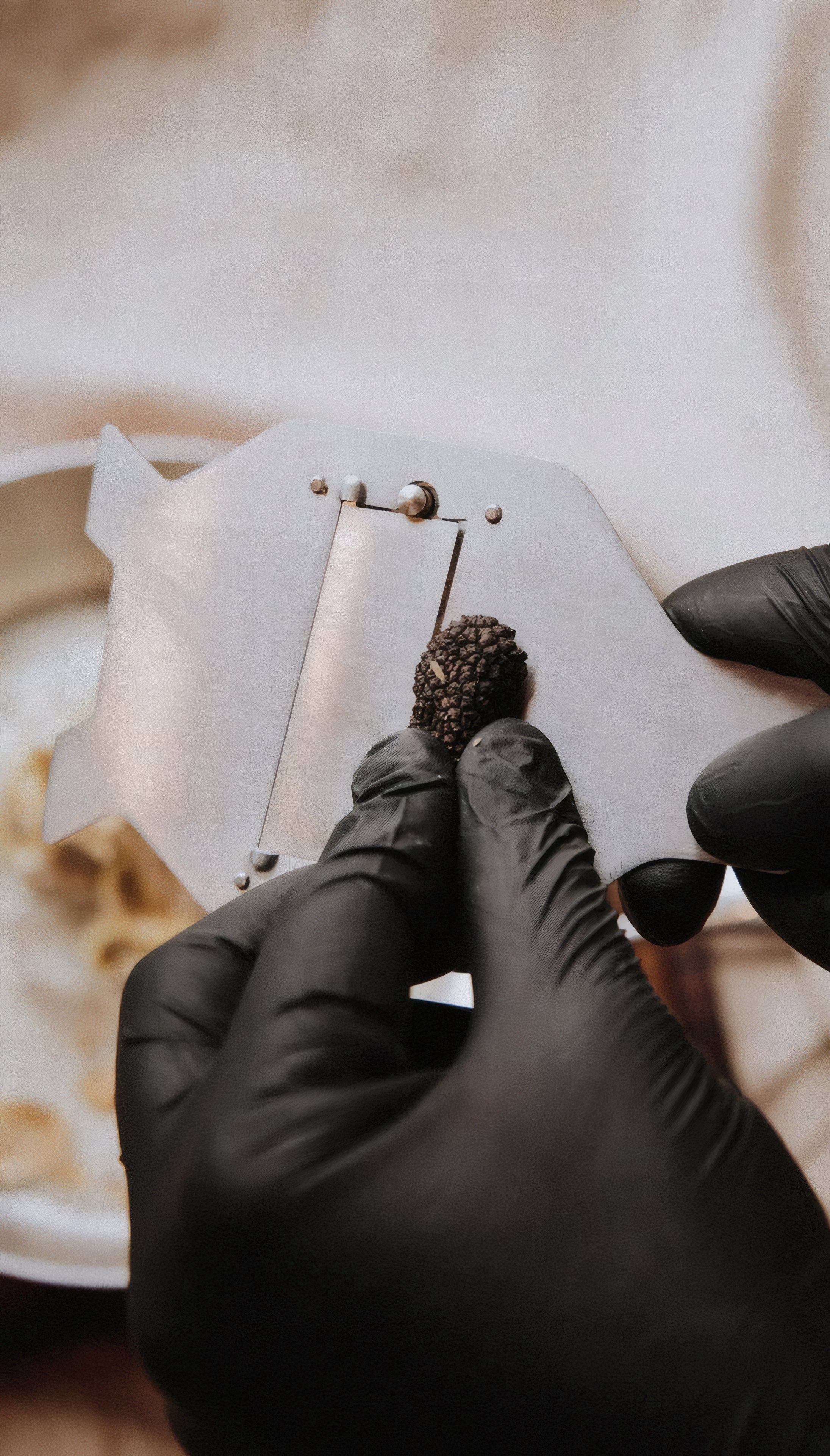 Gloved hands setting a garnish with tweezers
