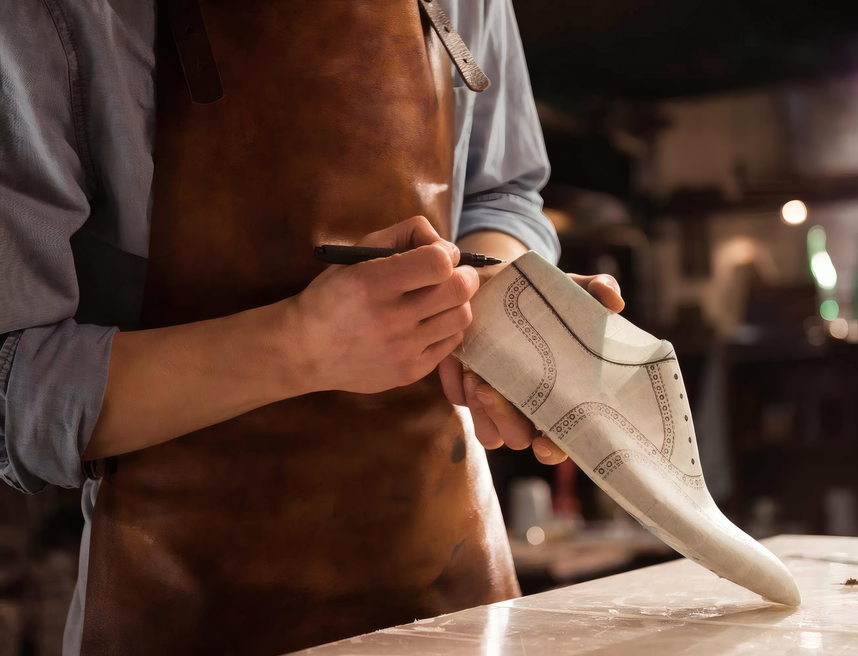 A shoemaker marking a leather shoe upper at his bench
