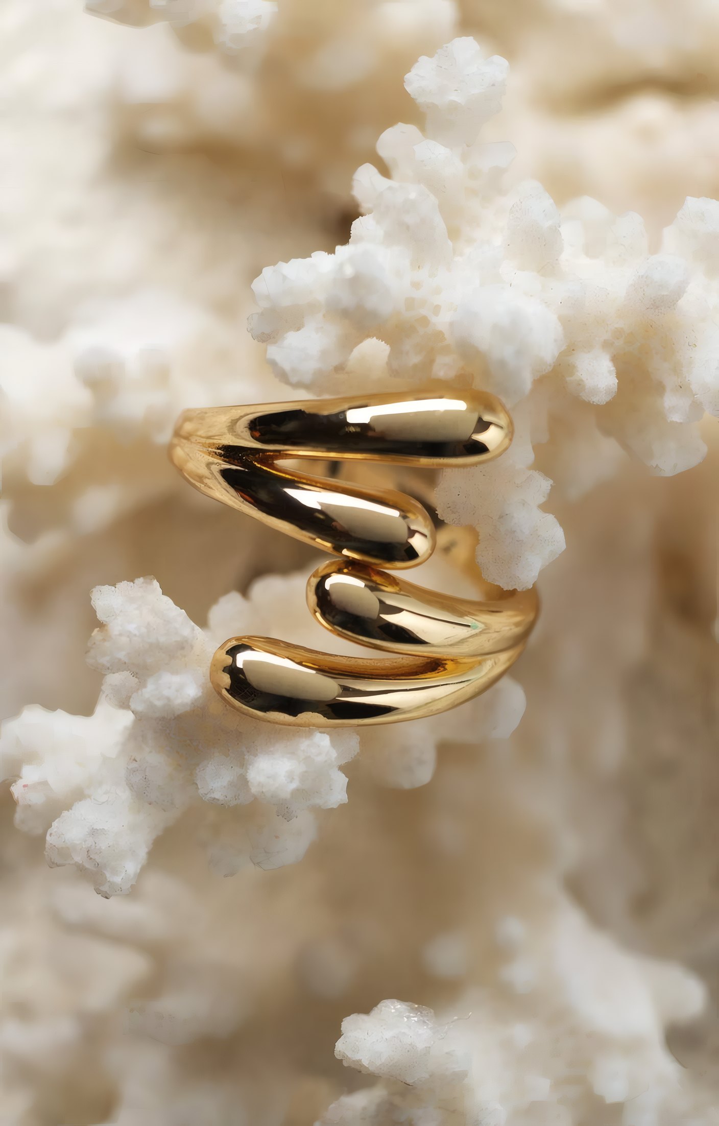 A sculpted gold ring resting on white coral