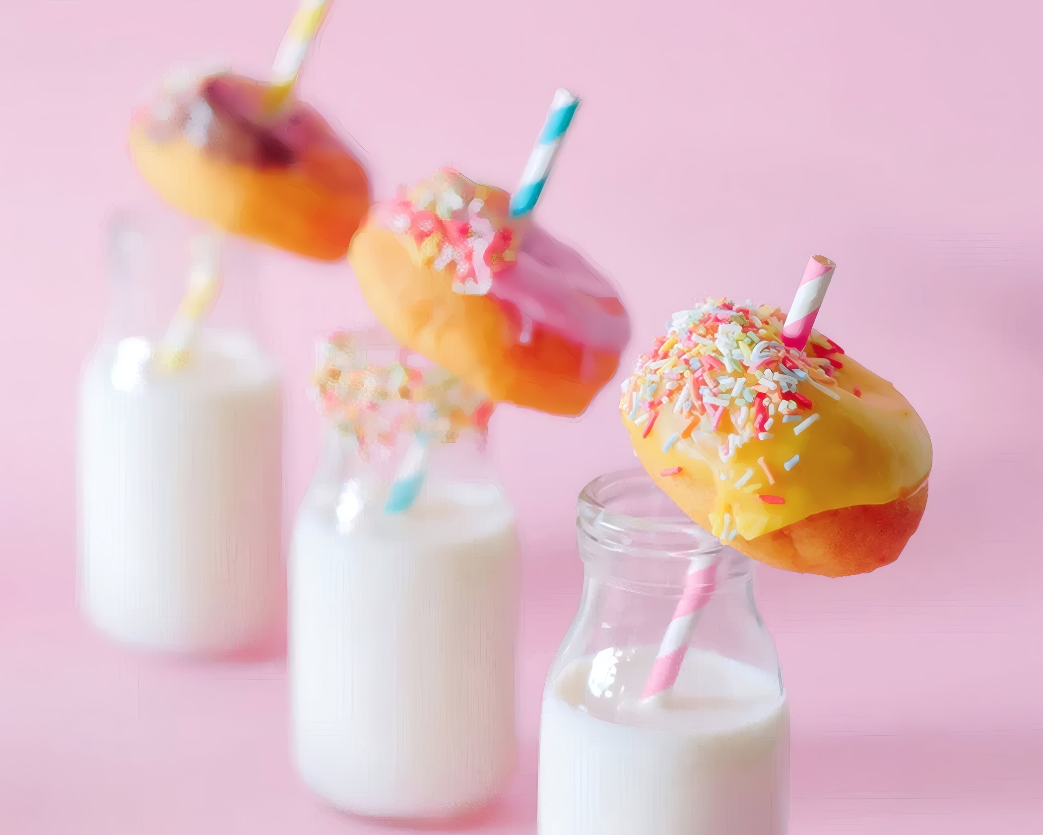 Donuts on straws over bottles of milk