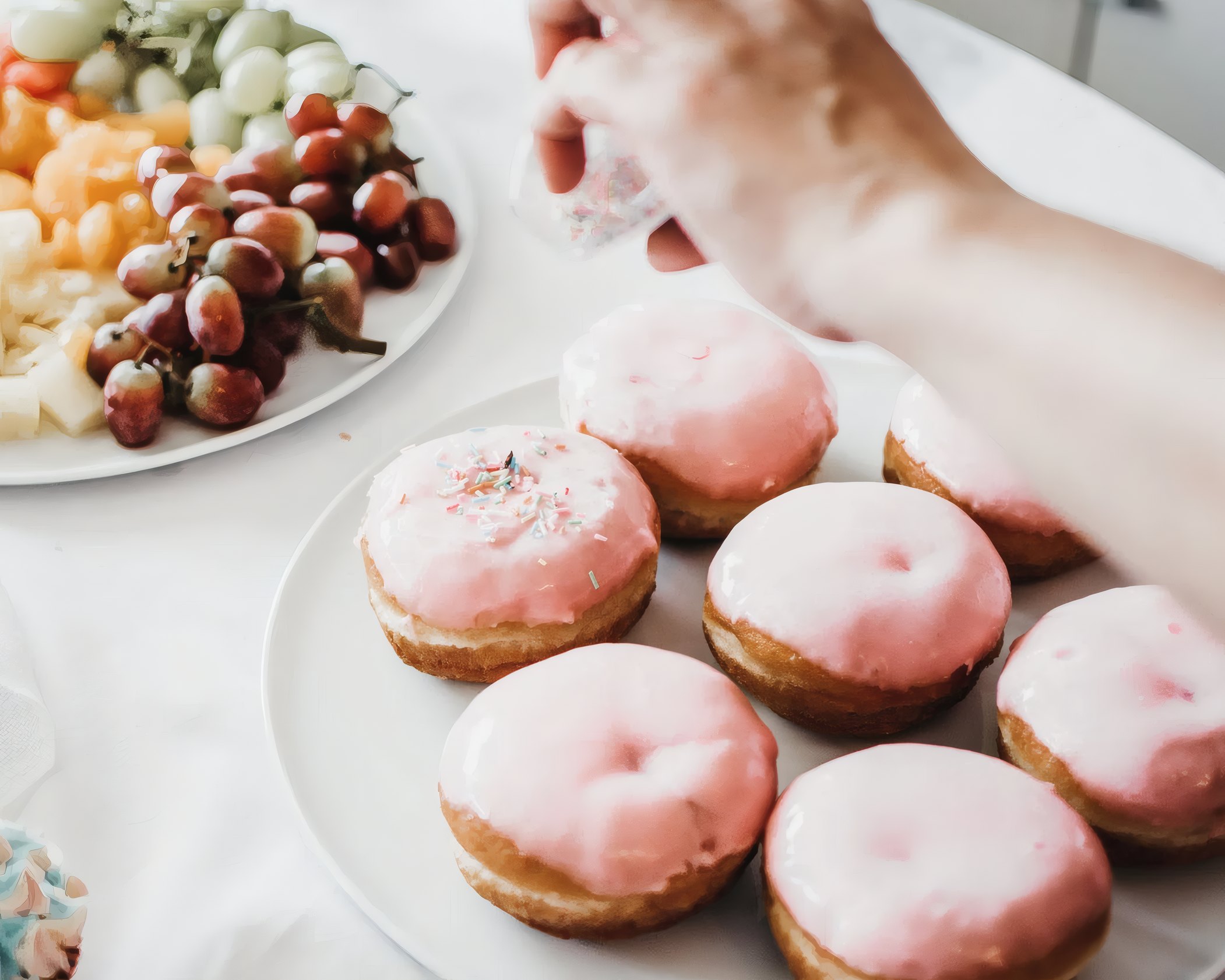 Pink glazed donuts on a white plate