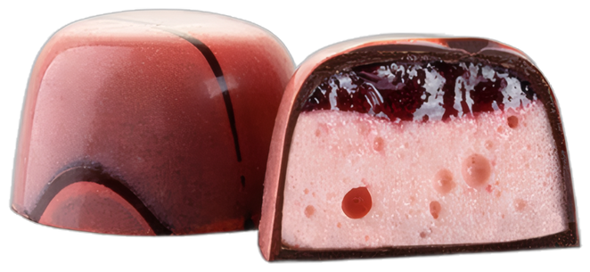 A ruby bonbon cut open to its raspberry centre