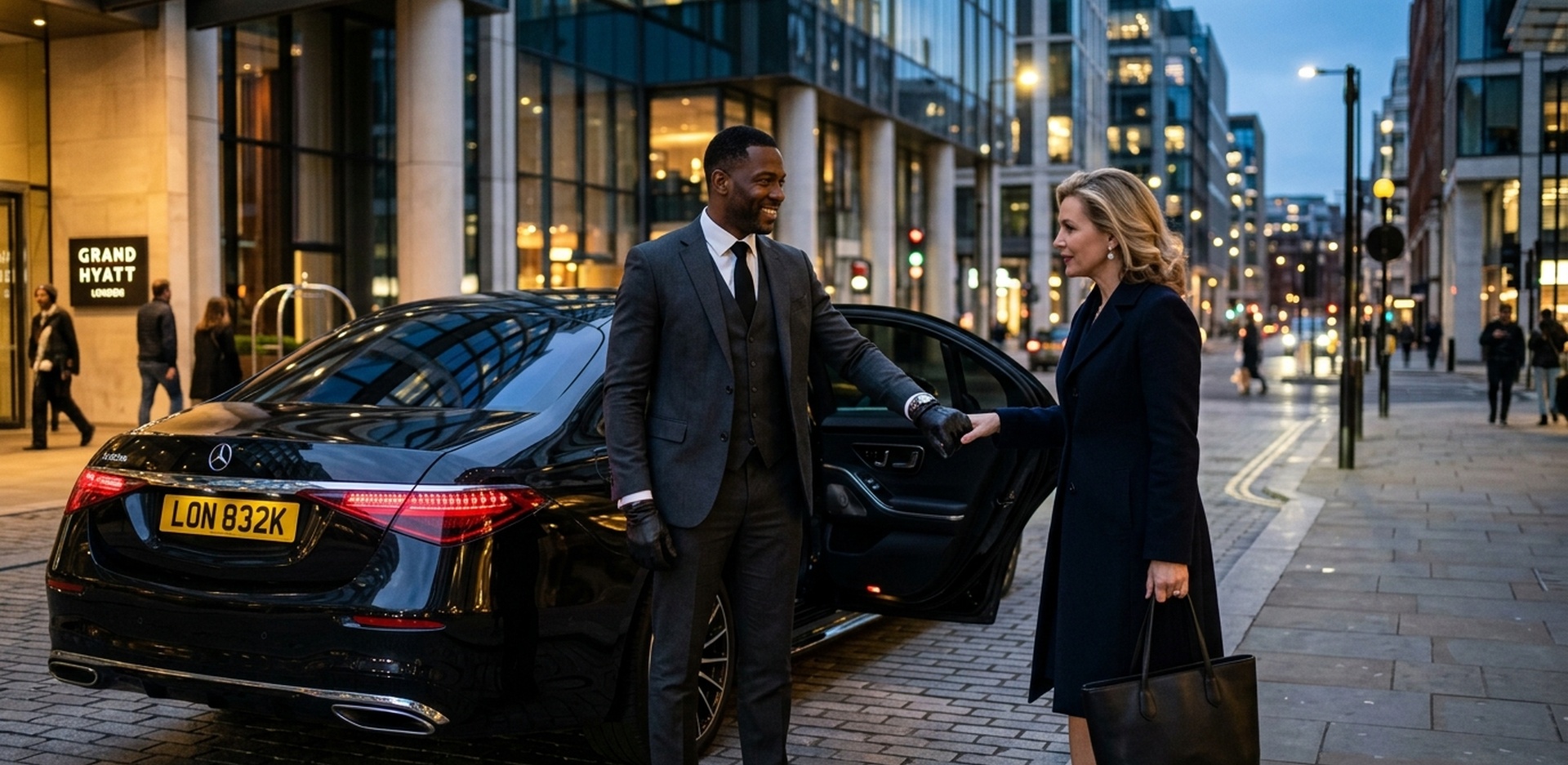 A chauffeur holding the door for a passenger on a city street