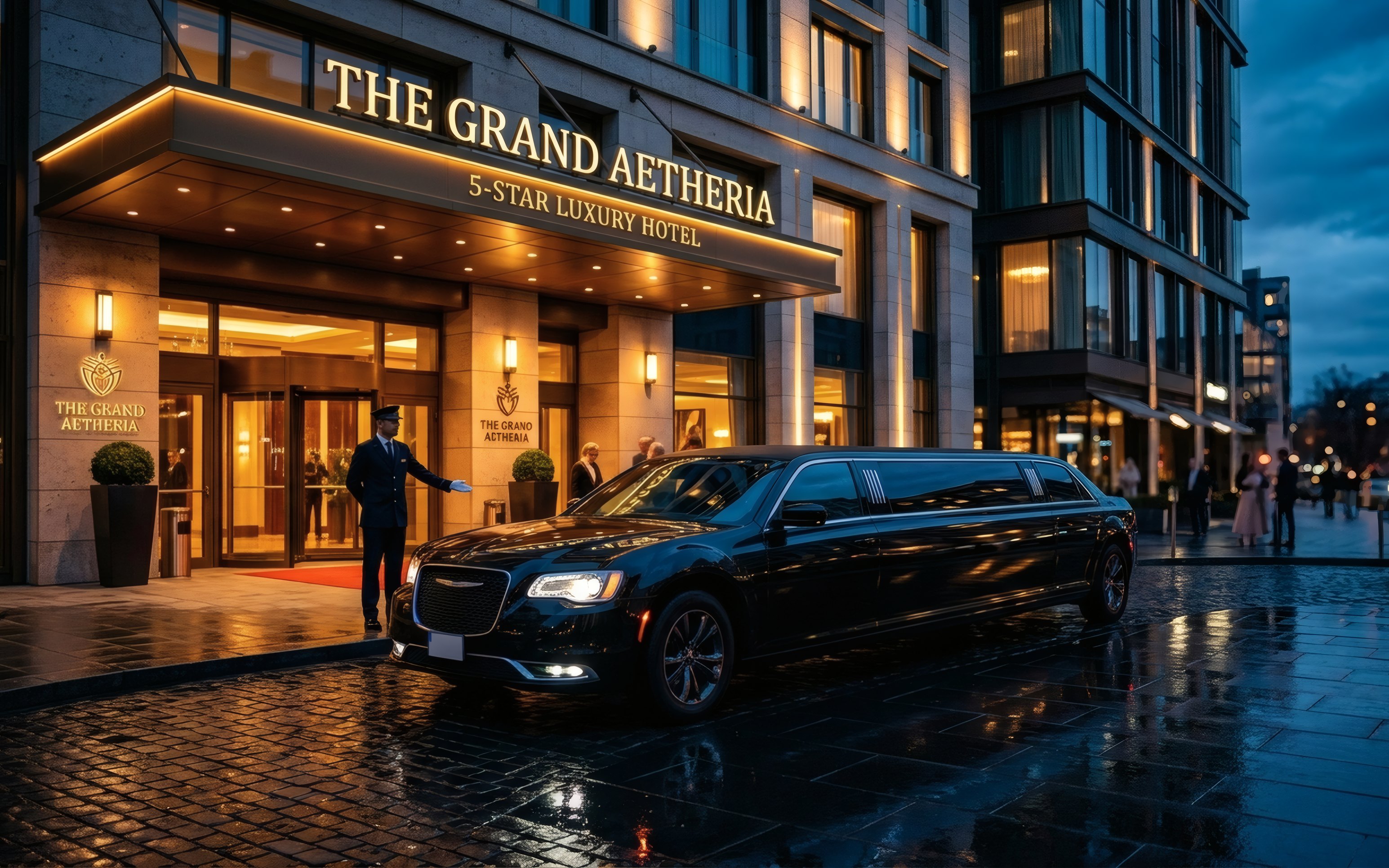 A limousine waiting at a hotel entrance in the evening