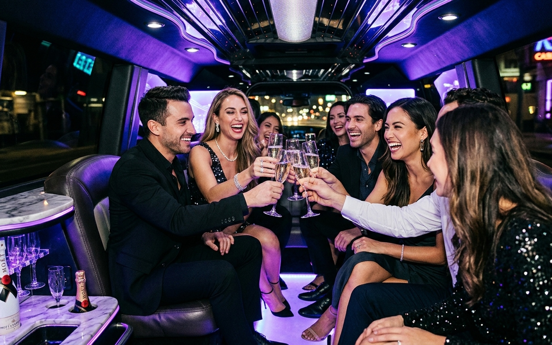 Friends raising a toast inside a party limousine