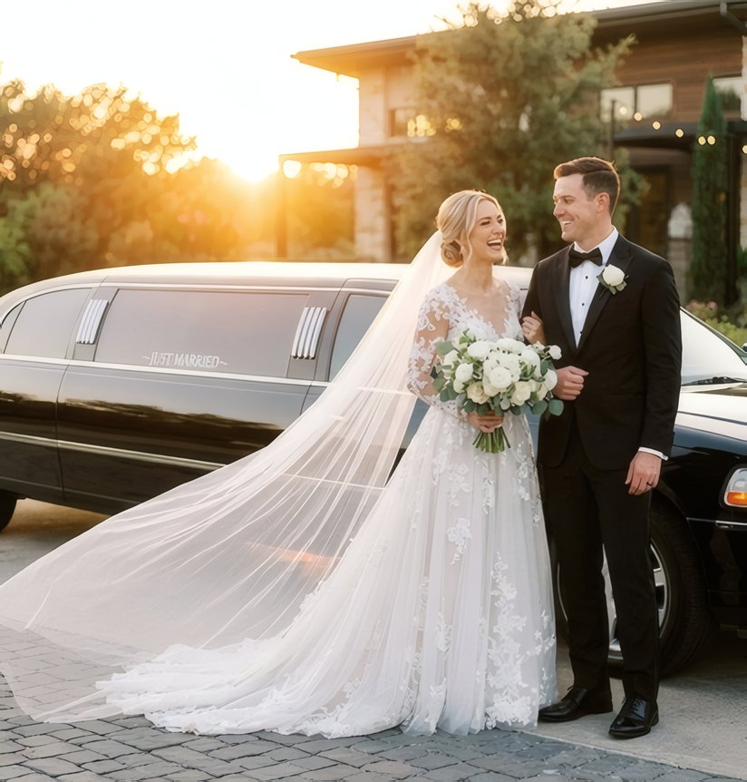 A bride and groom beside their wedding car