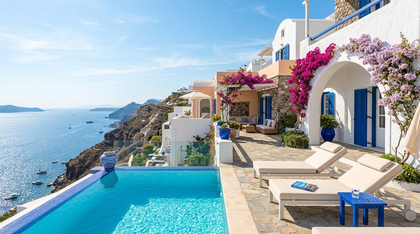 A pastel cliffside villa with an infinity pool