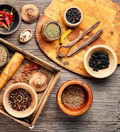 Spices laid out on a wooden board