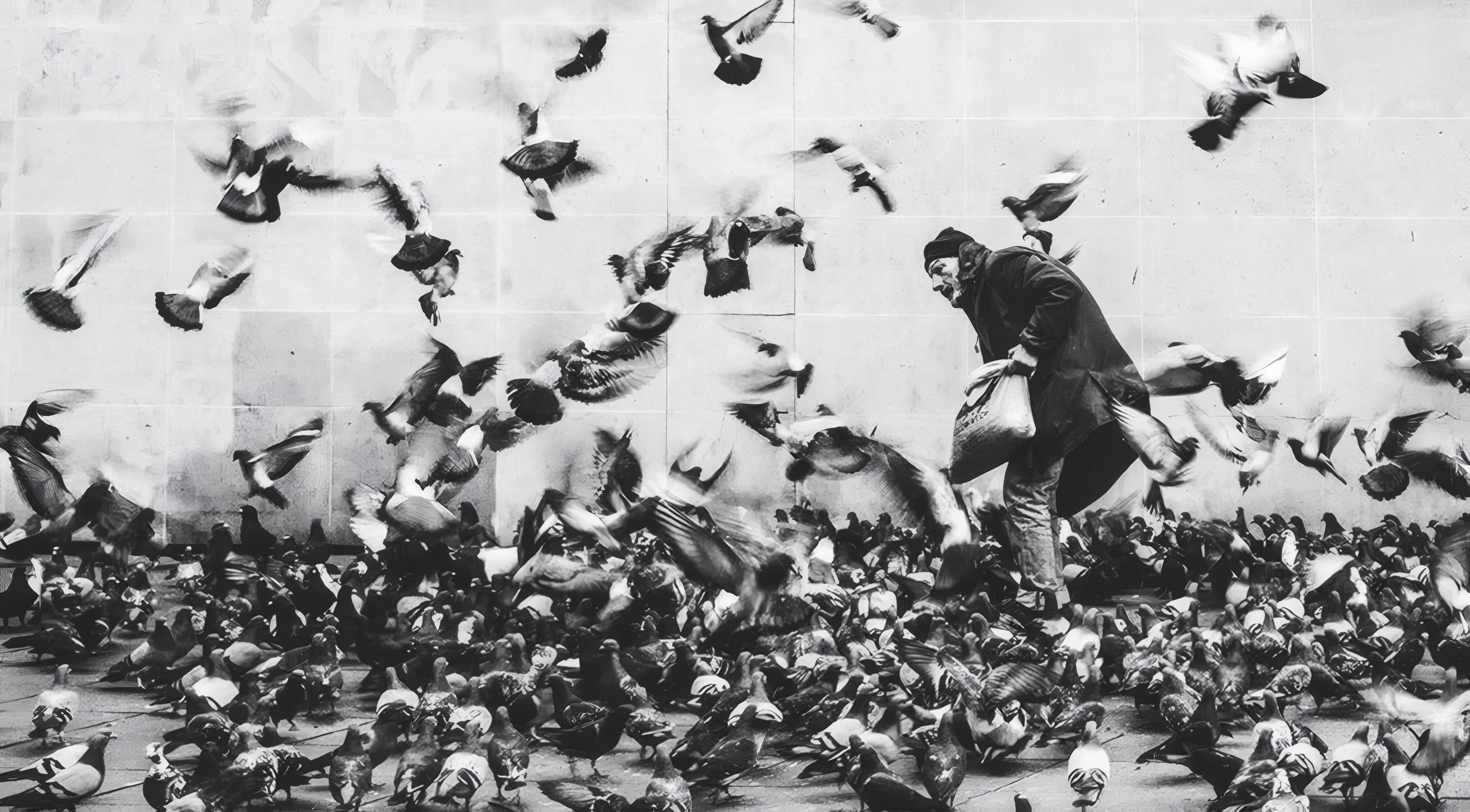 A man walks through a flock of pigeons rising from a square