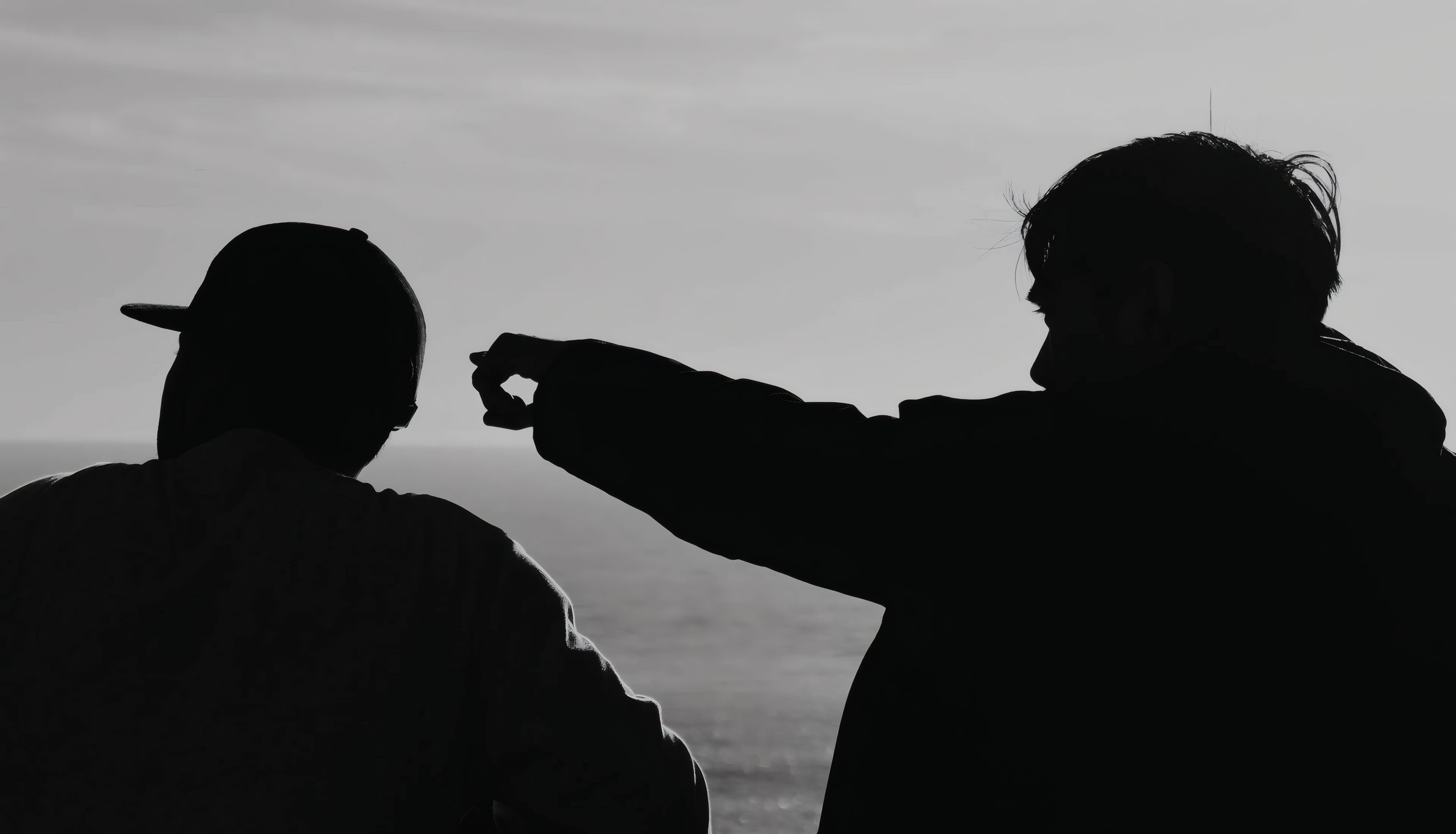 Two men in silhouette at the shore, one pointing out to sea